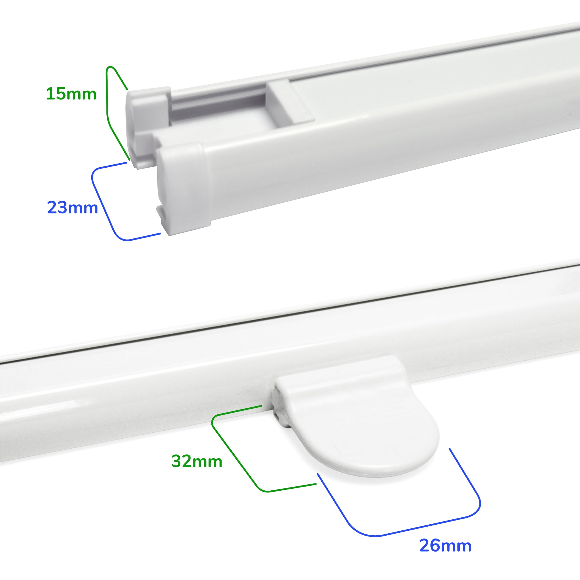 Standardprofil: 15 mm hoch und 23 mm tief; Bediengriff: 32 mm lang und 26 mm breit