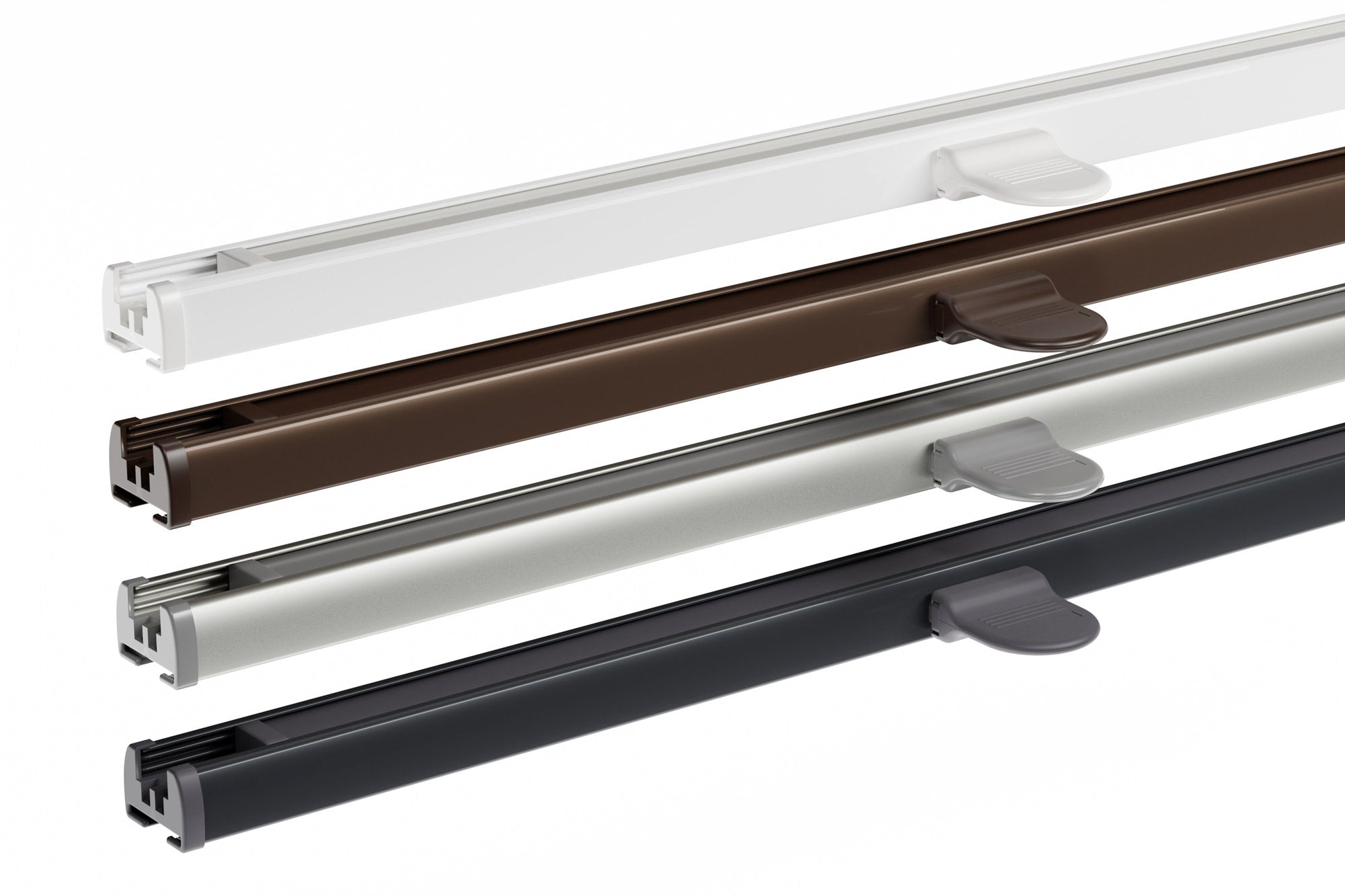 Abgebildete Aluminiumprofile in Weiß, Braun, Eloxiert und Anthrazit