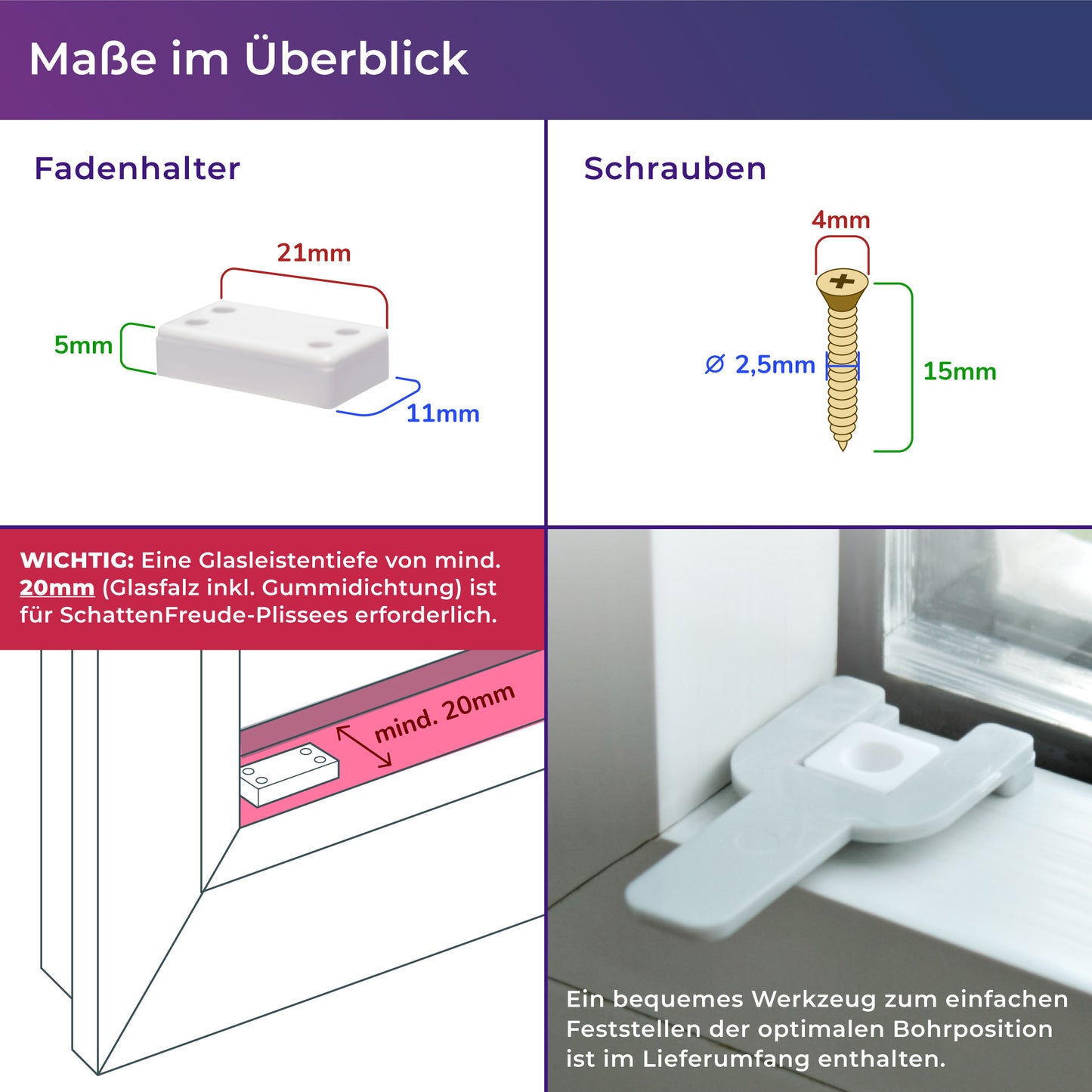 4x-Set Plissee-Zubehör zum Anschrauben in der Glasleiste
